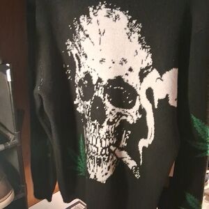 Men's Black Crewneck Sweater with White Skull Graphic